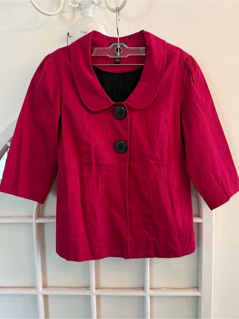 F.A.N.G. Magenta Pink Peter Pan Collar Short Sleeve Button Front Jacket Blazer M